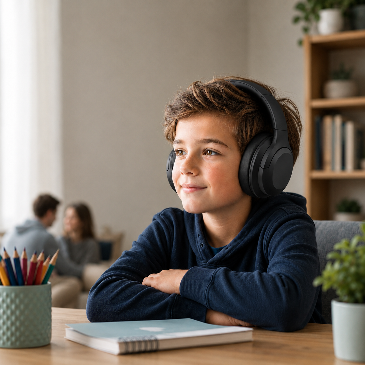 Kind luistert met een WiseQ kinderkoptelefoon