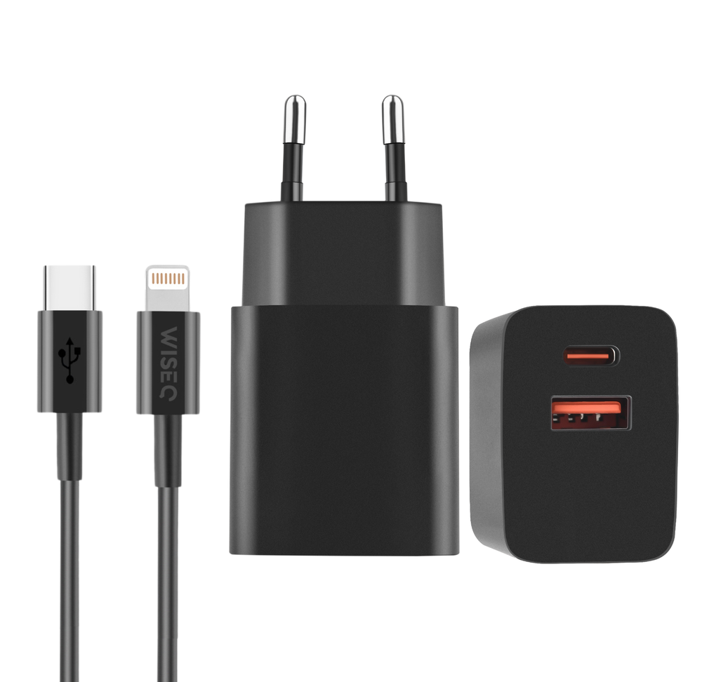 33W Ultra Snellader - Dubbele Poorten - Inclusief 1M USB-C naar Lightning Kabel - Zwart