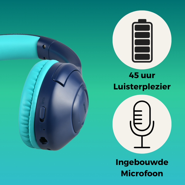 Blauwe draadloze kinder koptelefoon over ear met 45 uur luisterplezier en ingebouwde microfoon WiseQ