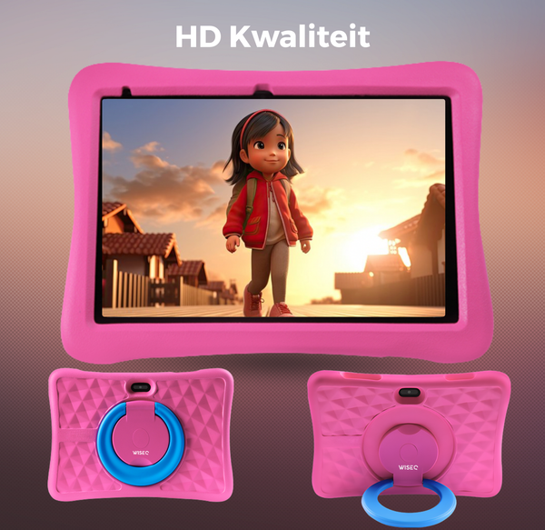 Roze kindertablet met HD kwaliteit scherm en beschermhoes met standaard 