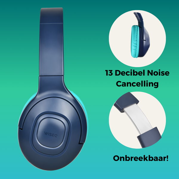 Blauwe draadloze kinder koptelefoon over ear met 13 decibel noise cancelling en onbreekbaar ontwerp WiseQ