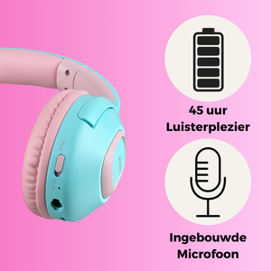WiseQ draadloze kinder koptelefoon roze turquoise over ear met 45 uur batterij en ingebouwde microfoon voor kinderen