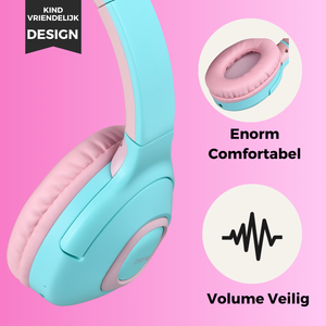 WiseQ draadloze kinder koptelefoon roze turquoise over ear met zacht comfortabel design en volume veilige functie voor kinderen