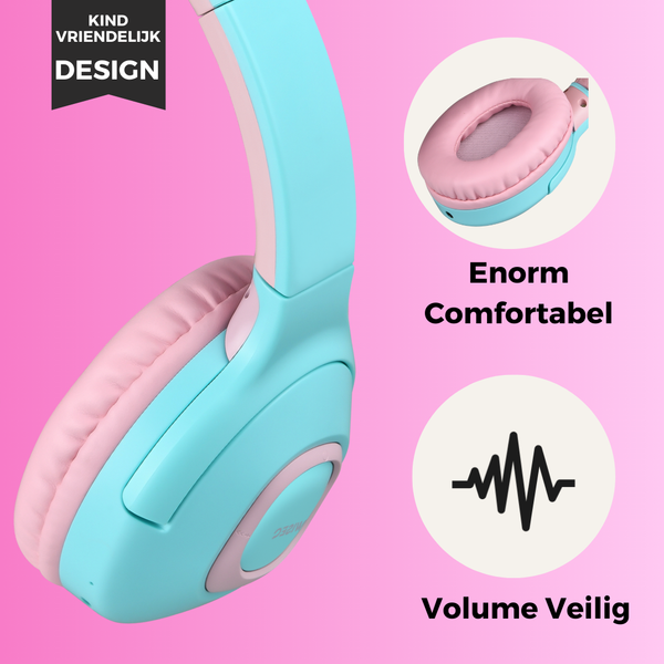 WiseQ draadloze kinder koptelefoon roze turquoise over ear met zacht comfortabel design en volume veilige functie voor kinderen