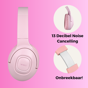 WiseQ draadloze kinder koptelefoon roze over ear met volume begrenzer 13 decibel noise cancelling en onbreekbaar design