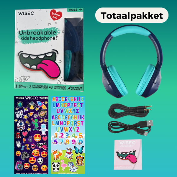 Blauwe draadloze kinder koptelefoon over ear met bluetooth 5.0 microfoon stickers en accessoires totaalpakket WiseQ