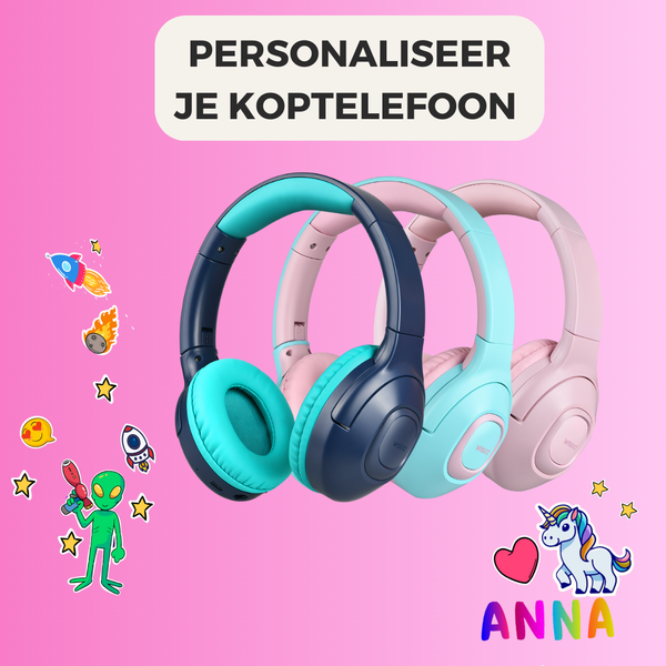 WiseQ draadloze kinder koptelefoon roze over ear met volume begrenzer personaliseerbaar design en bluetooth 5.0 met microfoon