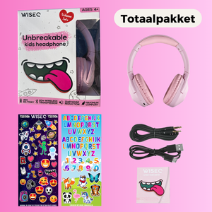 WiseQ draadloze kinder koptelefoon roze over ear met volume begrenzer inclusief stickers kabels en handleiding totaalpakket