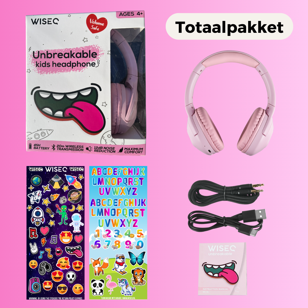 WiseQ draadloze kinder koptelefoon roze over ear met volume begrenzer inclusief stickers kabels en handleiding totaalpakket