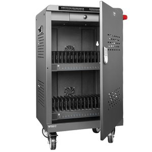 32-poorts USB-C laad- en transporttrolley voor het veilig opladen en opbergen van laptops, Chromebooks en tablets.