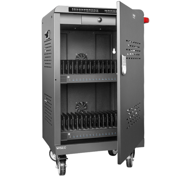 32-poorts USB-C laad- en transporttrolley voor het veilig opladen en opbergen van laptops, Chromebooks en tablets.