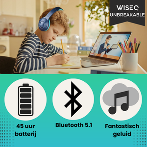 Blauwe draadloze kinder koptelefoon over ear met bluetooth 5.0 microfoon tijdens online les WiseQ