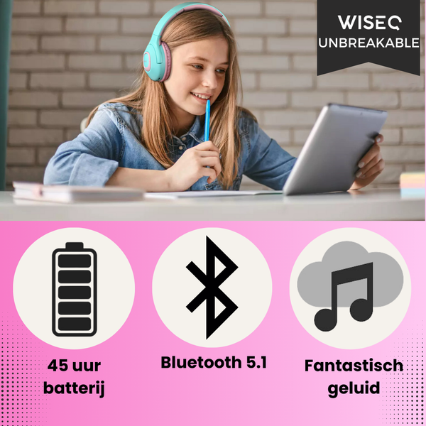 WiseQ draadloze kinder koptelefoon roze turquoise over ear met 45 uur batterij bluetooth 5.1 en fantastisch geluid voor kinderen