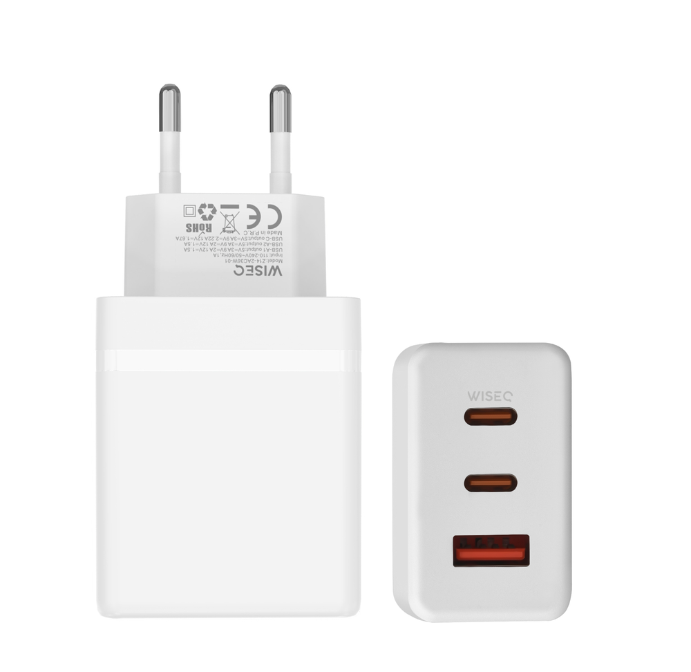 USB and USB-C Adapter - 38W Fast Charger - 3 Ports - Universal - White