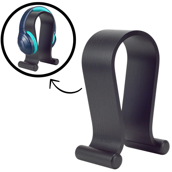 WiseQ houten koptelefoon houder zwart hout met headset voorbeeld op standaard geschikt voor bureau