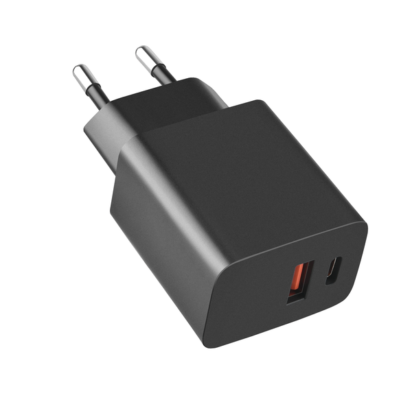 Zwarte 33W WISEQ snellader met USB C en USB A poort en EU stekker