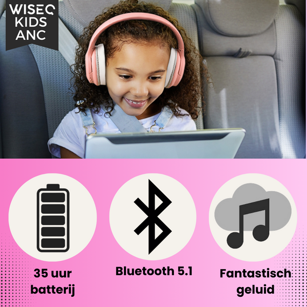 Meisje met roze draadloze kinder koptelefoon met active noise cancelling bluetooth 35 uur speeltijd in de auto met tablet WiseQ