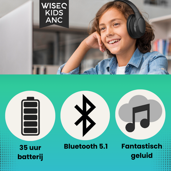 Onbreekbare draadloze kinder koptelefoon over ear met active noise cancelling bluetooth 5.1 35 uur batterijduur en fantastisch geluid WiseQ