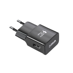 Zwarte USB oplader voor Samsung 18W Smart Fast Charger met enkele USB poort schuine weergave