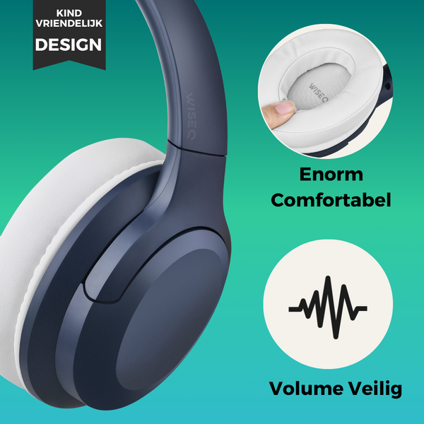 Blauwe draadloze kinder koptelefoon met microfoon 35 uur batterij active ruisonderdrukking enorm comfortabel en volume veilig WiseQ