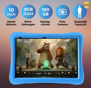 Blauwe kindertablet 10 inch met 8GB RAM 160GB opslag en ouderlijk toezicht 
