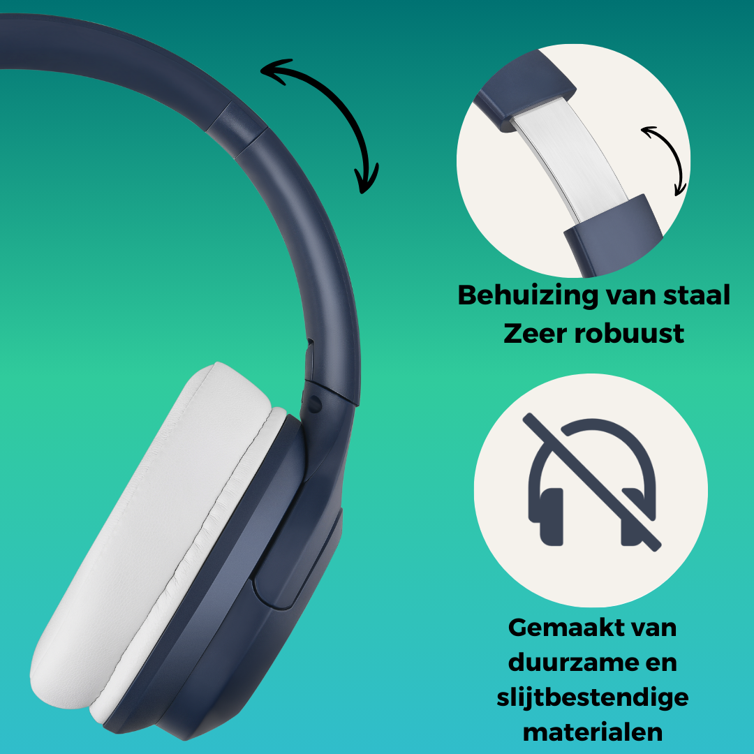 Blauwe draadloze kinder koptelefoon met microfoon 35 uur batterij active ruisonderdrukking stalen behuizing zeer robuust en slijtbestendig WiseQ