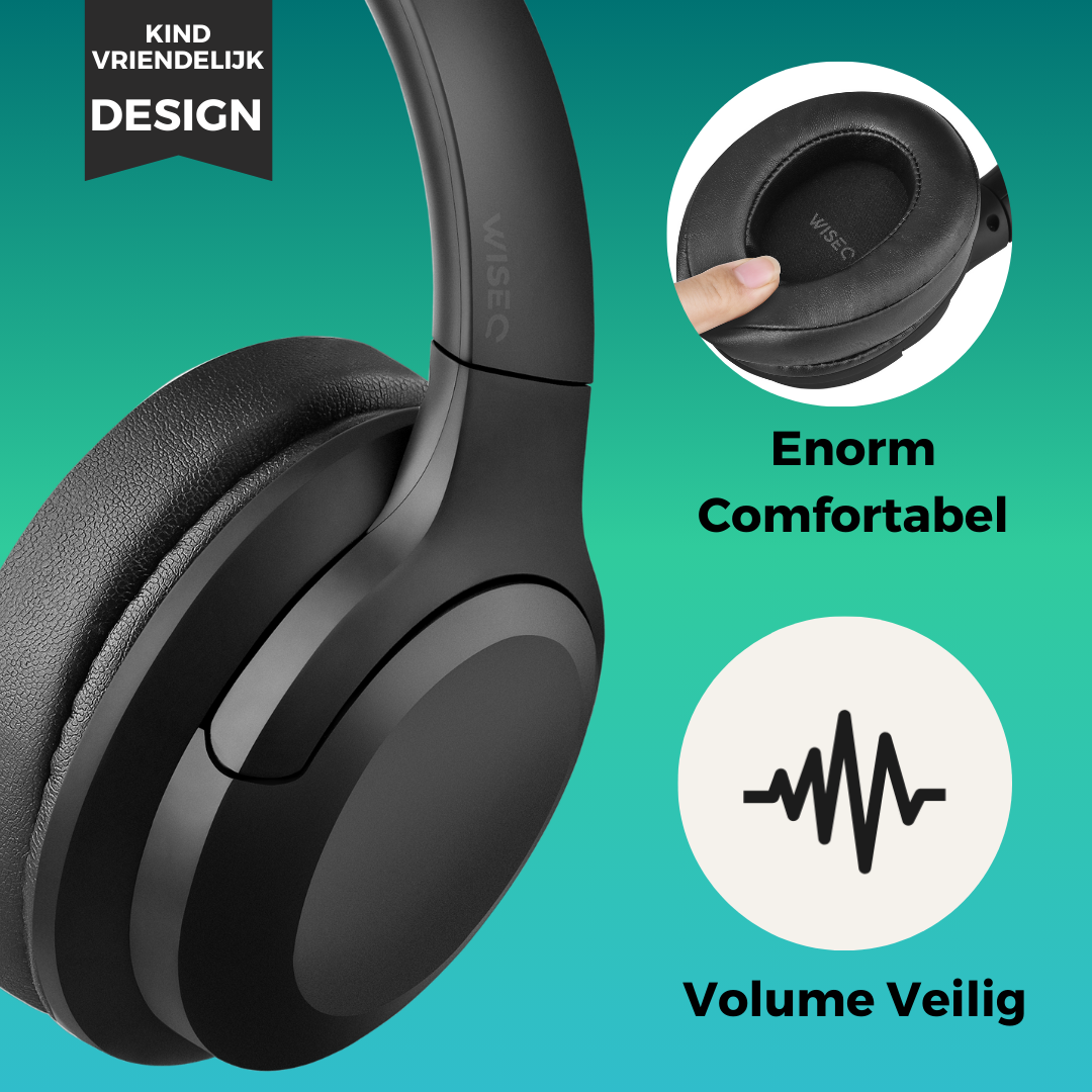 Onbreekbare draadloze kinder koptelefoon over ear met active noise cancelling 35 uur batterijduur enorm comfortabel en volume veilig WiseQ
