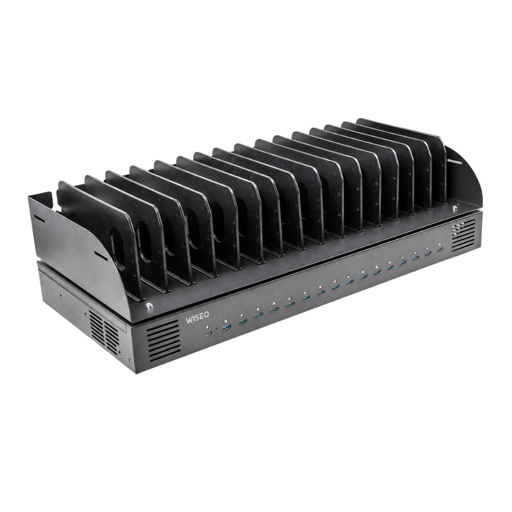 16-poorts USB-C laadstation met organizer tray voor het gelijktijdig opladen en overzichtelijk opbergen van laptops, tablets en smartphones.