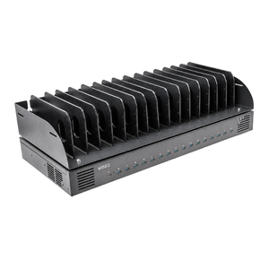 16-poorts USB-C laadstation met organizer tray voor het gelijktijdig opladen en overzichtelijk opbergen van laptops, tablets en smartphones.