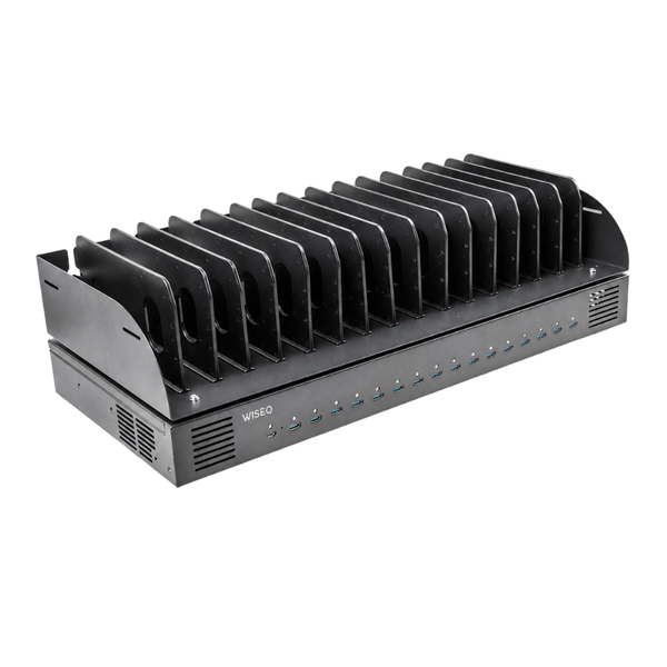16-poorts USB-C laadstation met organizer tray voor het gelijktijdig opladen en overzichtelijk opbergen van laptops, tablets en smartphones.