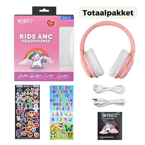 Roze draadloze kinder koptelefoon met active noise cancelling bluetooth 35 uur speeltijd inclusief totaalpakket met kabels en stickers