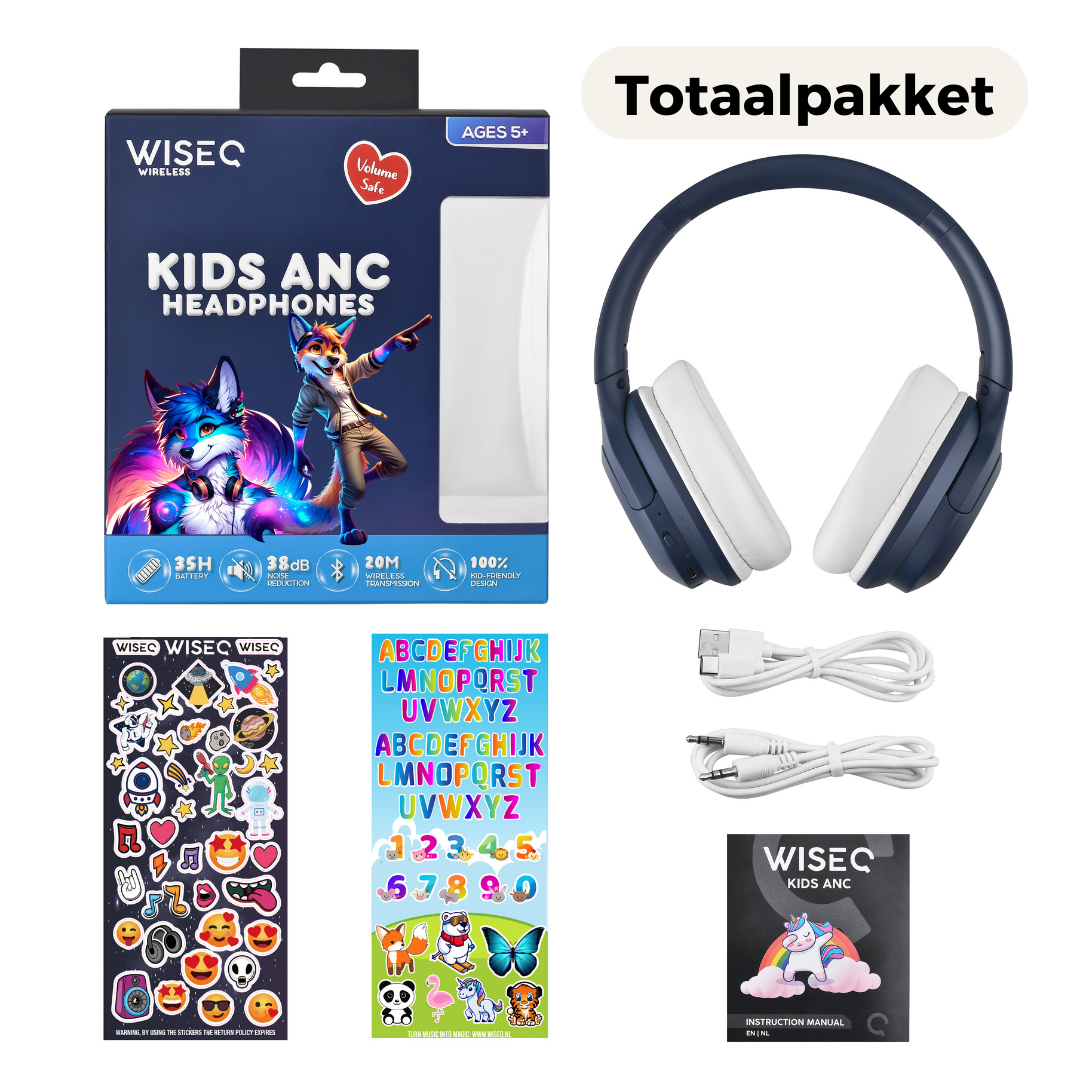 Blauwe draadloze kinder koptelefoon met microfoon 35 uur batterij active ruisonderdrukking inclusief totaalpakket met kabels stickers en handleiding WiseQ
