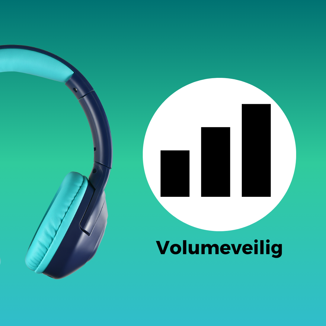 Blauw turquoise draadloze kinderkoptelefoon met bluetooth en noise cancelling met volumebeveiliging icoon