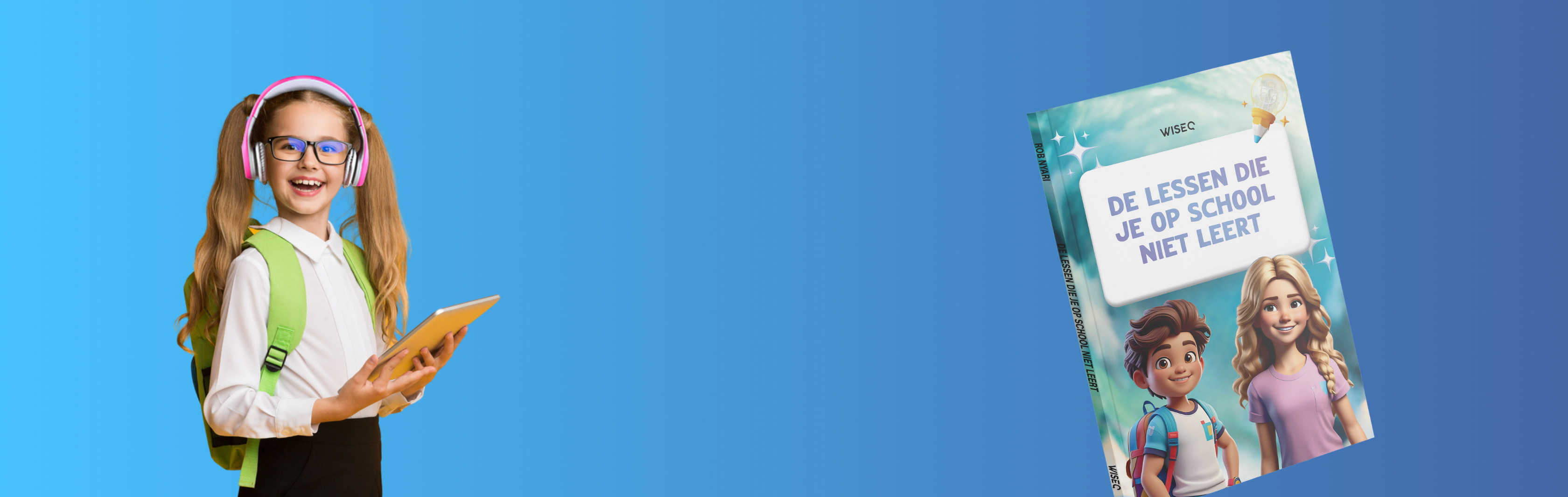 meisje met koptelefoon en tablet download gratis e book kinderboek de lessen die je op school niet leert WiseQ