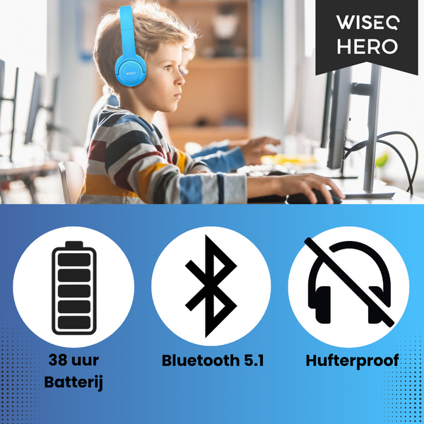 Blauwe draadloze kinder koptelefoon van WiseQ met bluetooth 5.1 38 uur batterij en hufterproof design