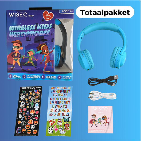 Blauwe draadloze kinder koptelefoon van WiseQ inclusief stickers, oplaadkabel en audiokabel totaalpakket
