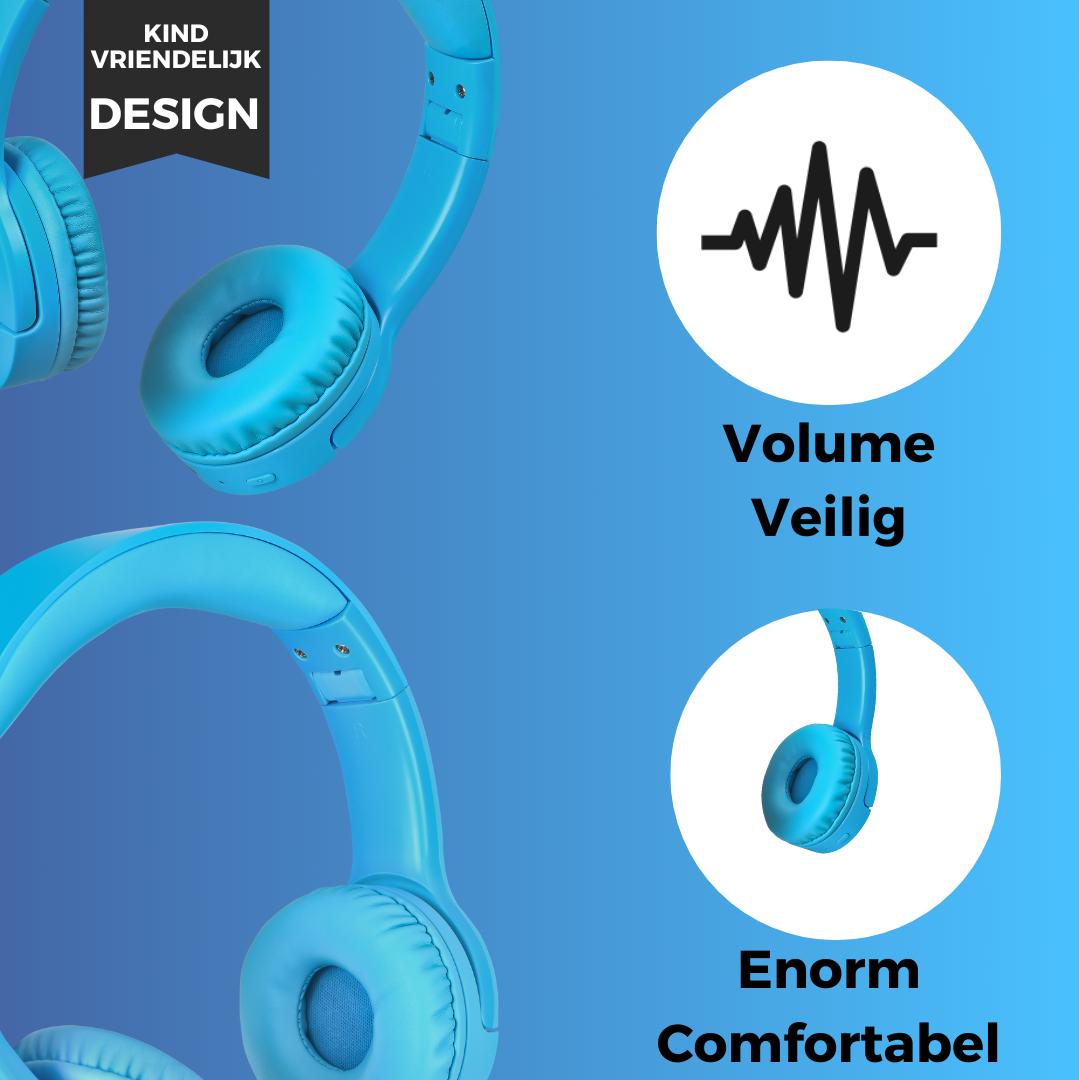 Blauwe draadloze kinder koptelefoon van WiseQ met volume beveiliging en extra comfortabel design
