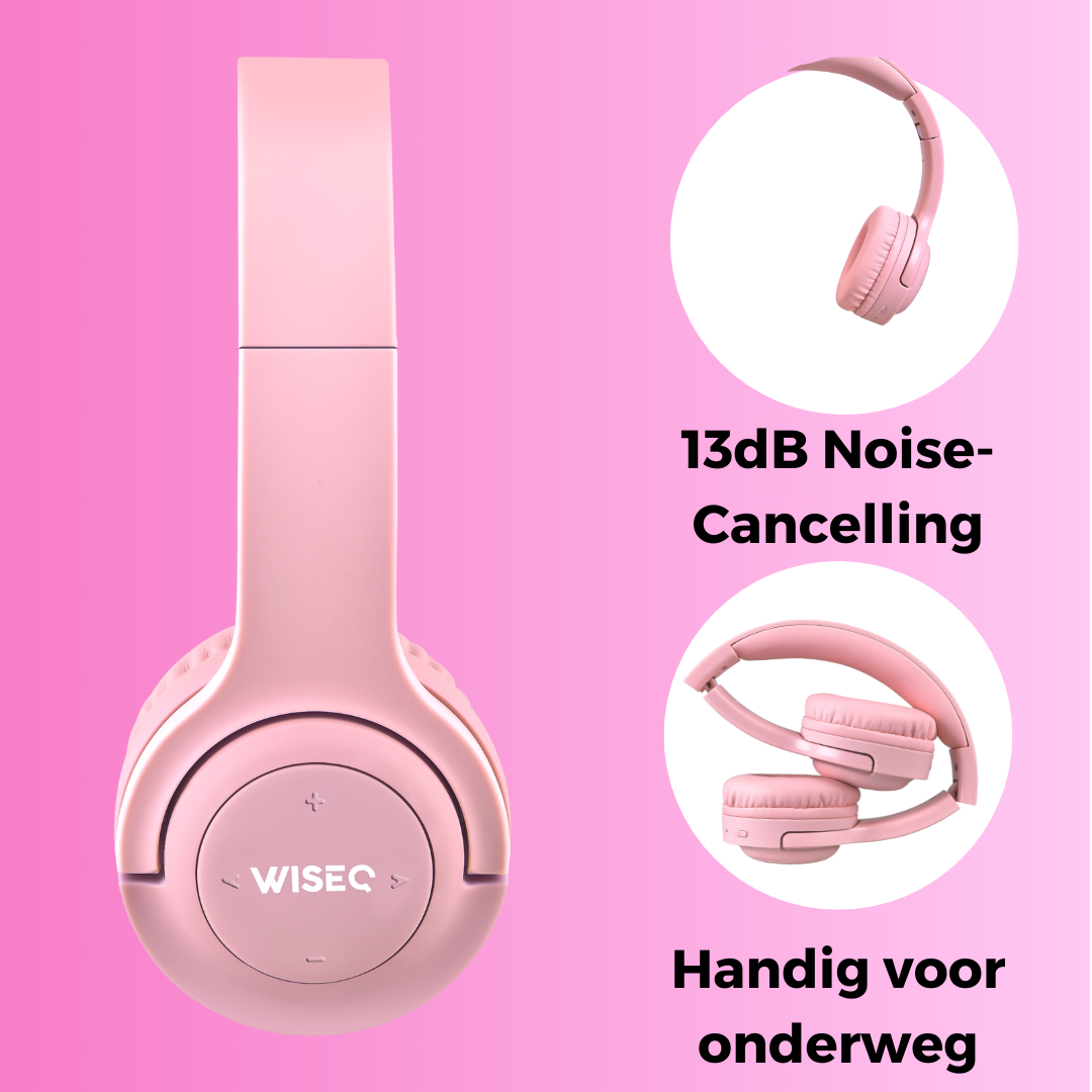 Roze draadloze kinder koptelefoon van WiseQ met 13dB noise cancelling en opvouwbaar design
