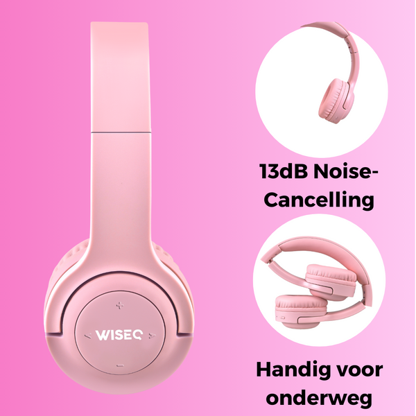 Roze draadloze kinder koptelefoon van WiseQ met 13dB noise cancelling en opvouwbaar design