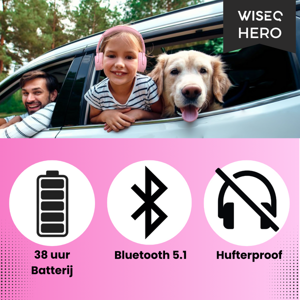 Roze draadloze kinder koptelefoon van WiseQ met 38 uur batterij Bluetooth 5.1 en hufterproof design