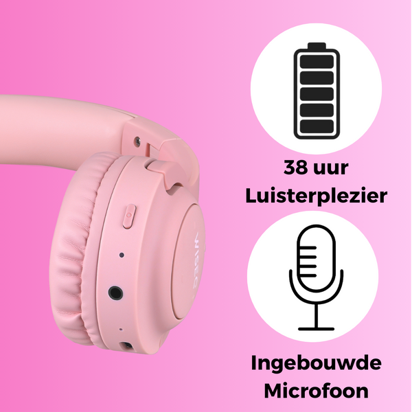 Roze draadloze kinder koptelefoon van WiseQ met 38 uur batterij en ingebouwde microfoon