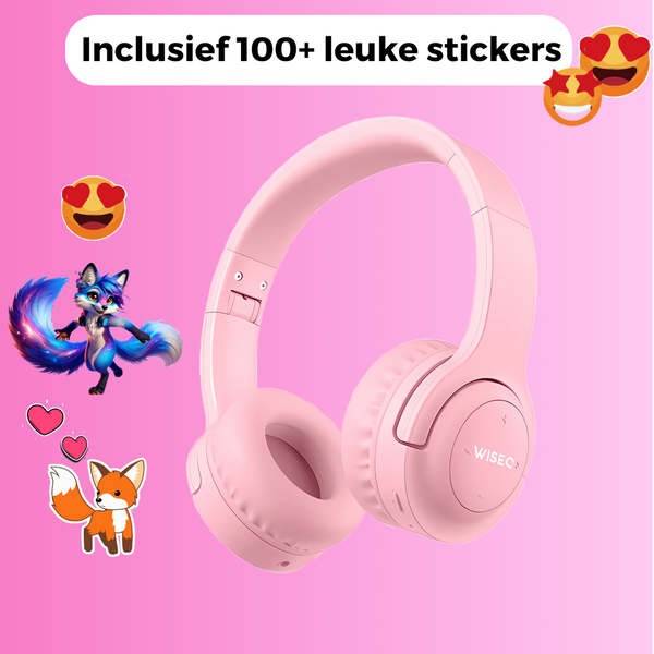 Roze draadloze kinder koptelefoon van WiseQ inclusief 100 plus stickers personaliseerbaar