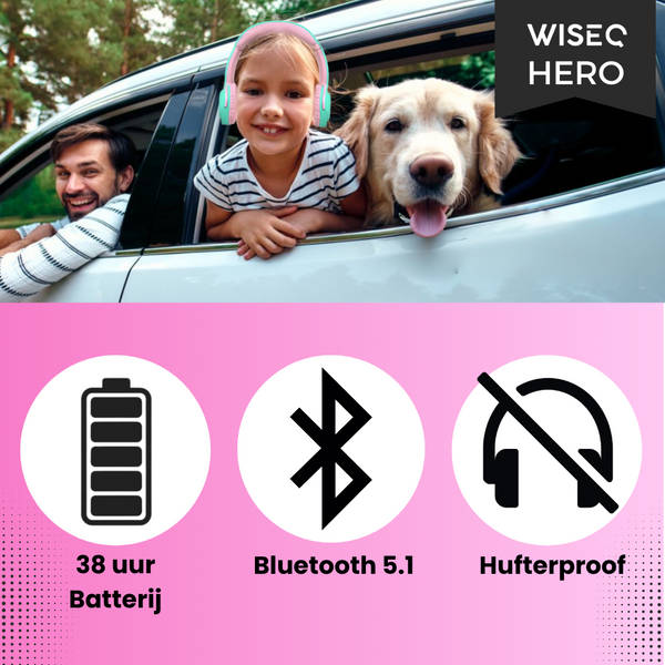 Roze mint draadloze kinder koptelefoon van WiseQ met bluetooth 5.1 38 uur batterij en hufterproof design