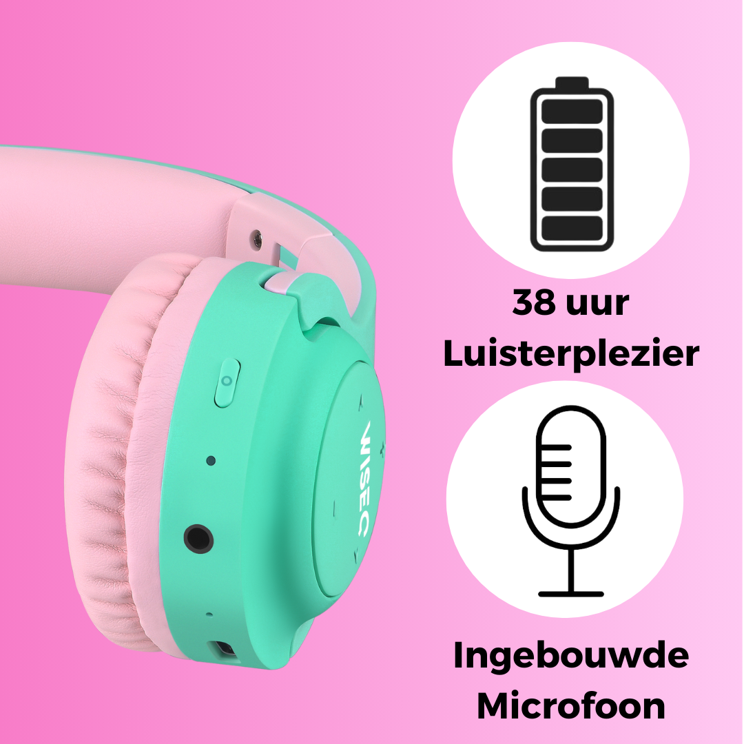Roze mint draadloze kinder koptelefoon van WiseQ met 38 uur luistertijd en ingebouwde microfoon