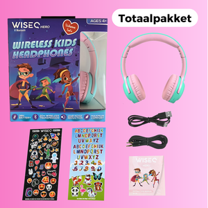 Roze mint draadloze kinder koptelefoon met bluetooth inclusief oplader kabel stickers en handleiding van WiseQ