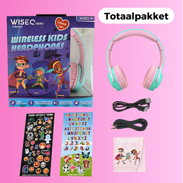 Roze mint draadloze kinder koptelefoon met bluetooth inclusief oplader kabel stickers en handleiding van WiseQ