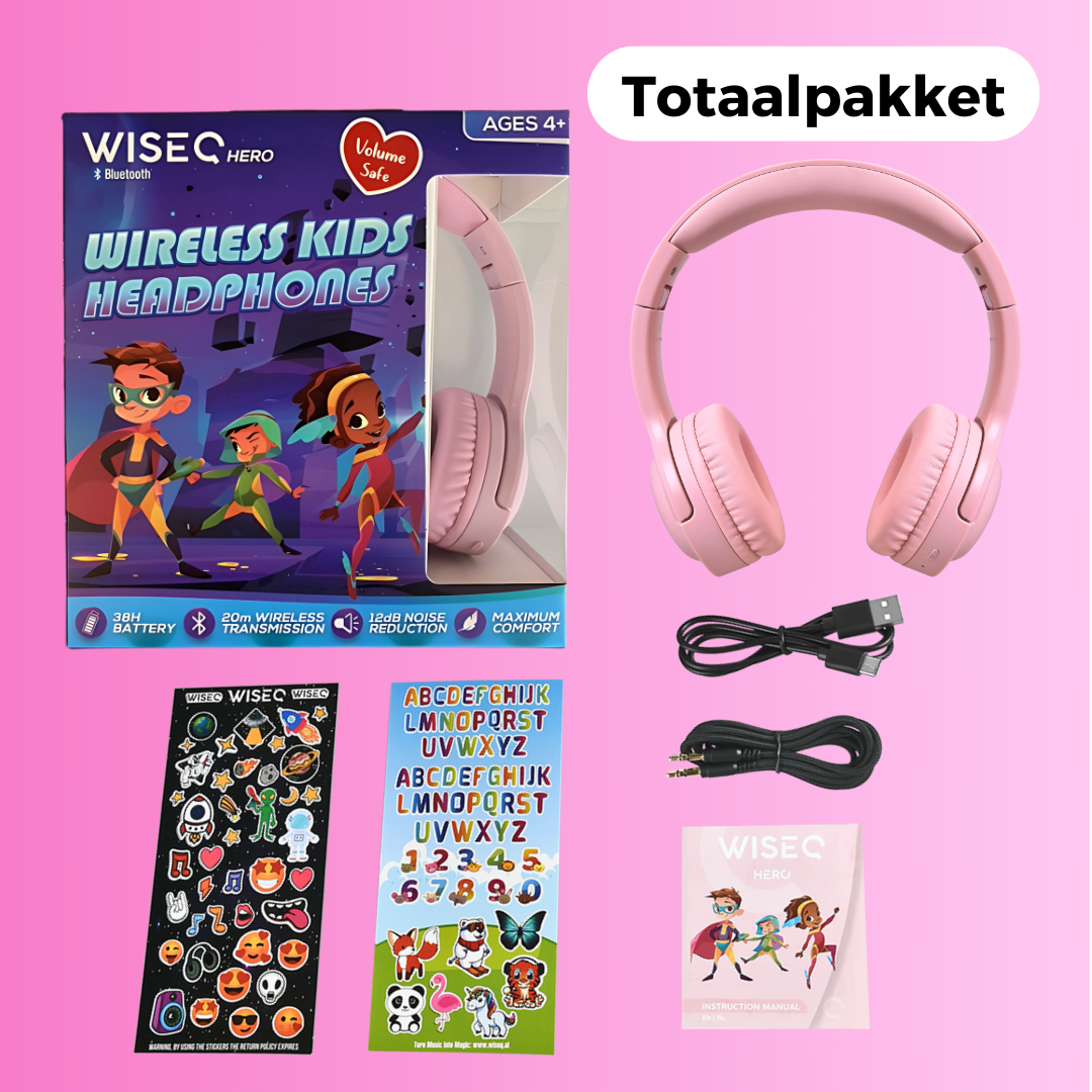 Roze draadloze kinder koptelefoon van WiseQ inclusief stickers oplaadkabel en audiokabel totaalpakket
