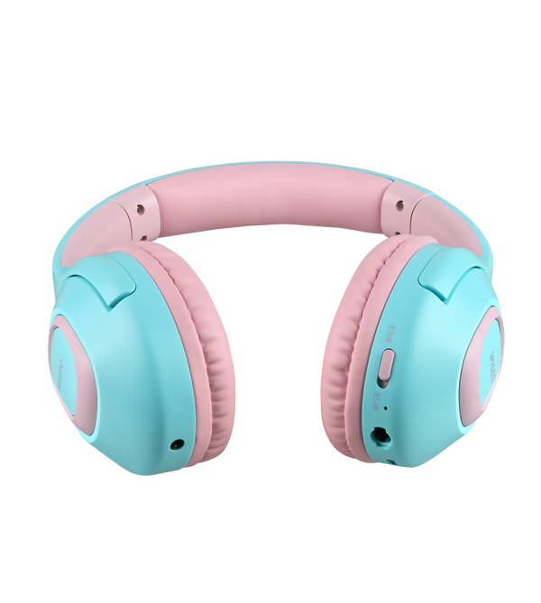 Roze turquoise draadloze kinder koptelefoon van WiseQ vrijstaand op transparante achtergrond vooraanzicht