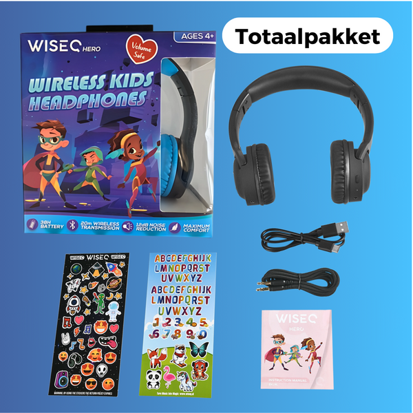 WiseQ draadloze kinder koptelefoon compleet pakket met verpakking oplaadkabel audiokabel stickers en instructieboekje