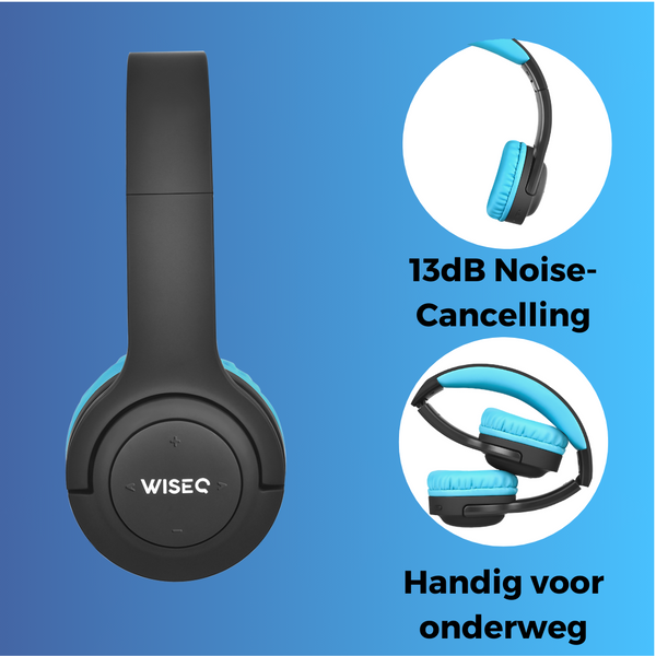 Zwart blauwe draadloze kinder koptelefoon van WiseQ met 13dB noise cancelling en opvouwbaar design